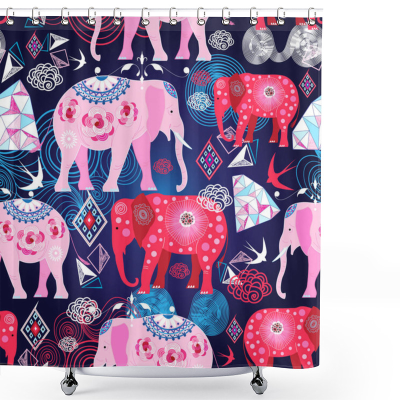 Personality  Seamless Bright Print With Decorative Elephants And Geometry. Shower Curtains