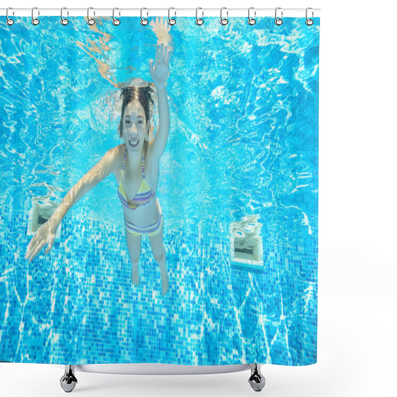 Personality  Child Swims In Pool Underwater, Happy Active Girl Has Fun In Water, Kid Sport On Family Vacation Shower Curtains