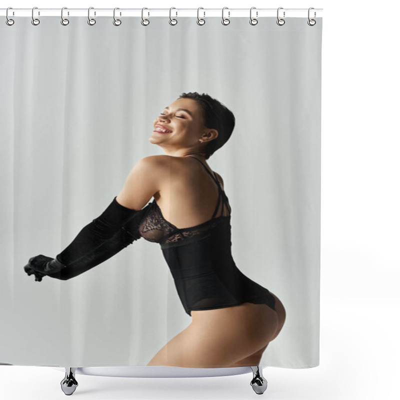 Personality  A Woman In Black Lingerie Smiles While Posing In Front Of A White Backdrop. Shower Curtains