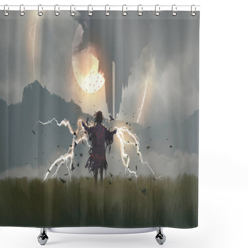 Personality  Wizard Casting Spell In The Field, Digital Art Style, Illustration Painting Shower Curtains