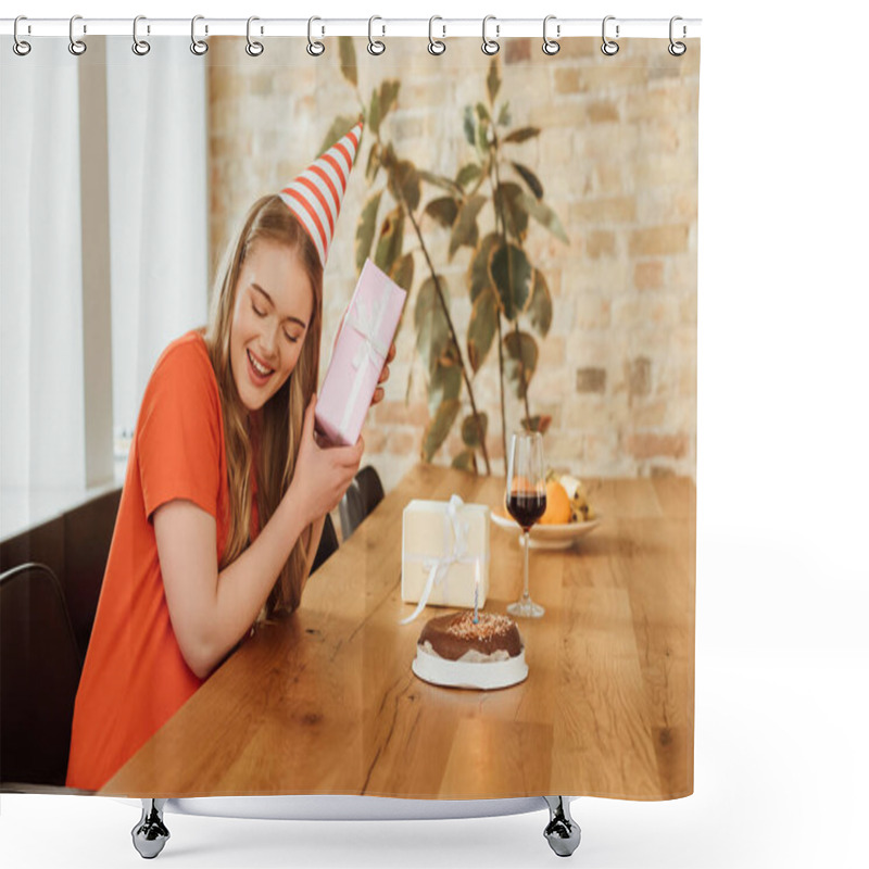 Personality  Cheerful Girl Holding Present Near Glass Of Red Wine And Birthday Cake  Shower Curtains