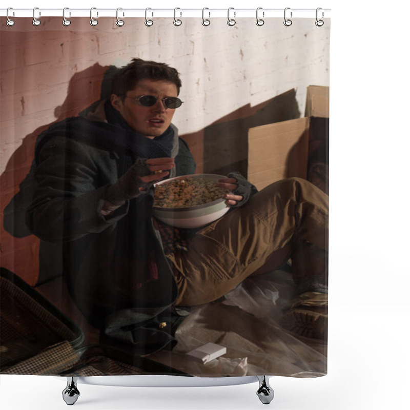 Personality  Homeless Man Sitting By Brick Wall And Holding Bowl Of Popcorn  Shower Curtains