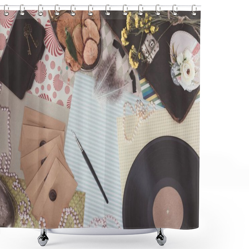 Personality  Top View Of Retro Objects Over Pack Paper Background Shower Curtains