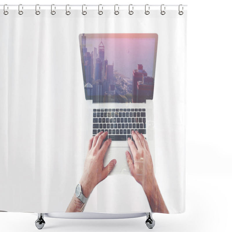 Personality  Double Exposure Top View Of Hipster Guy Hands With Watches Keyboarding Text Message On Laptop Computer. Shower Curtains