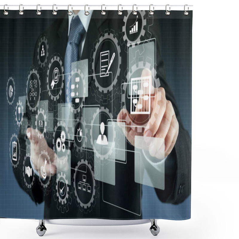 Personality  AR Virtual Screen Dashboard With Project Management With Icons Of Scheduling, Budgeting, Communication.businessman Shows Modern Technology As Concept Shower Curtains