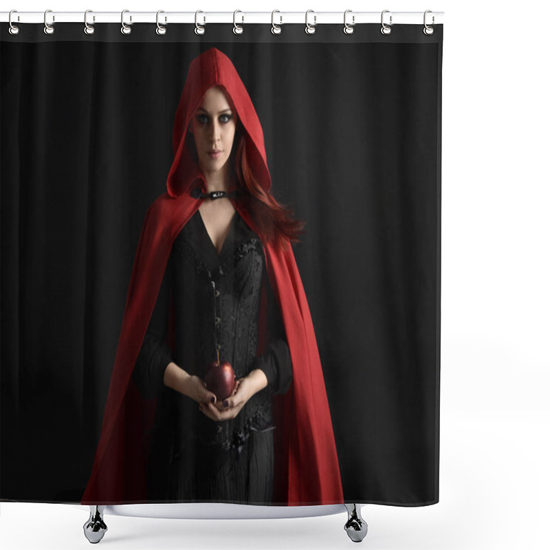 Personality  Close Up Portrait Of Girl Wearing Red Riding Hood Cloak And Witch Costume, Isolated On Black Studio Background With Shadowy  Rim Lighting.  Shower Curtains