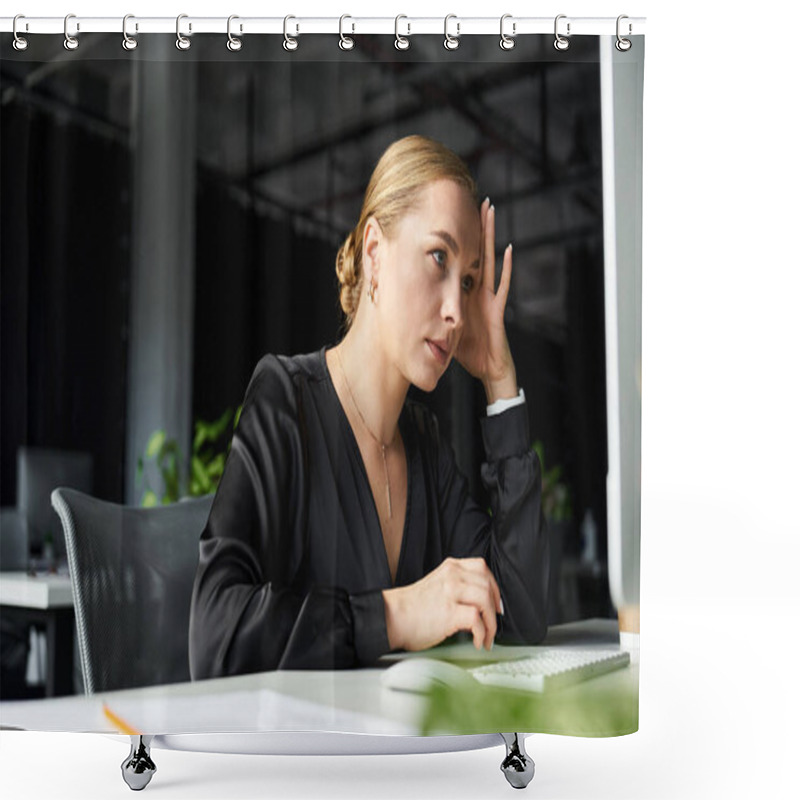 Personality  A Young Plus Size Woman Focuses Intently At Her Office Desk, Deep In Thought About Her Tasks. Shower Curtains