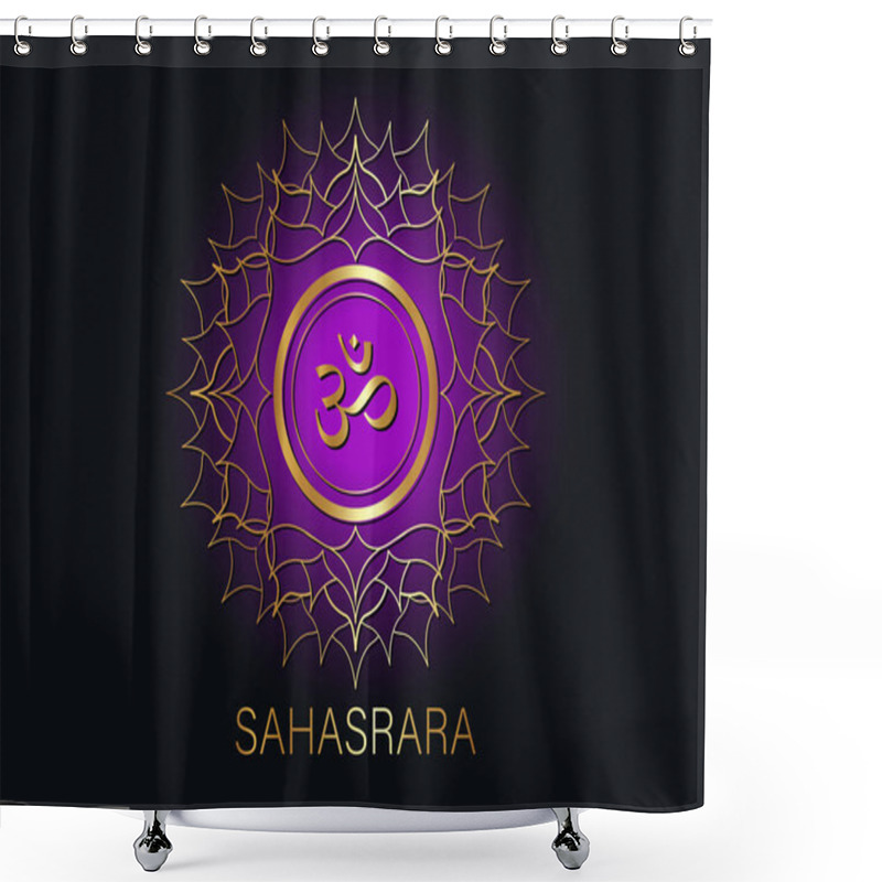 Personality  Seventh Chakra Sahasrara Logo Template. Crown Chakra Symbol, Purple Golden Sacral Sign Meditation, Yoga Round Mandala Icon. Gold Symbol Om In The Center, Vector Isolated On Black Background Shower Curtains