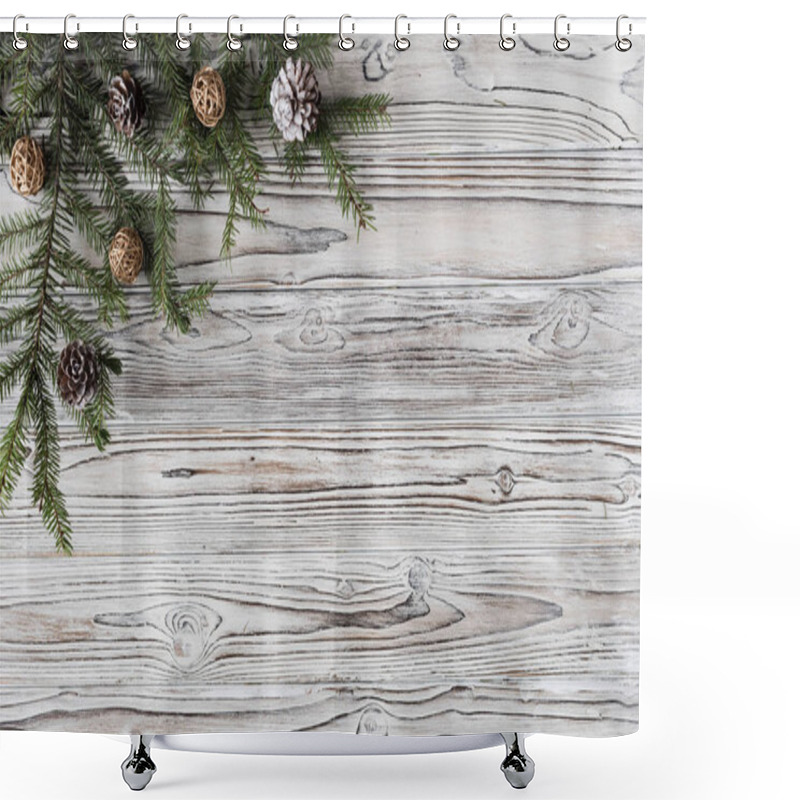 Personality  Spruce Branches, Christmas Tree, Cones And Decorations On Rustic Wood Brown, White And Gray Burned Planks. New Year. Flat Lay, Top View.  Shower Curtains