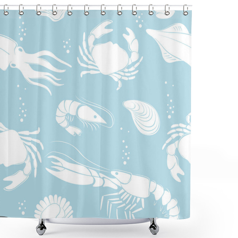 Personality  Seafood Seamless Pattern Outline Sketch Drawing. Prawns Crab Lobster Shellfish Shrimps Shower Curtains