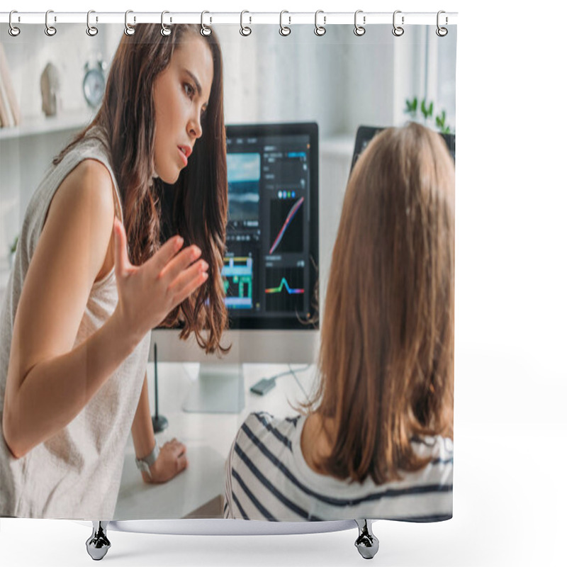 Personality  Selective Focus Of Displeased Editor Looking At Coworker  Shower Curtains