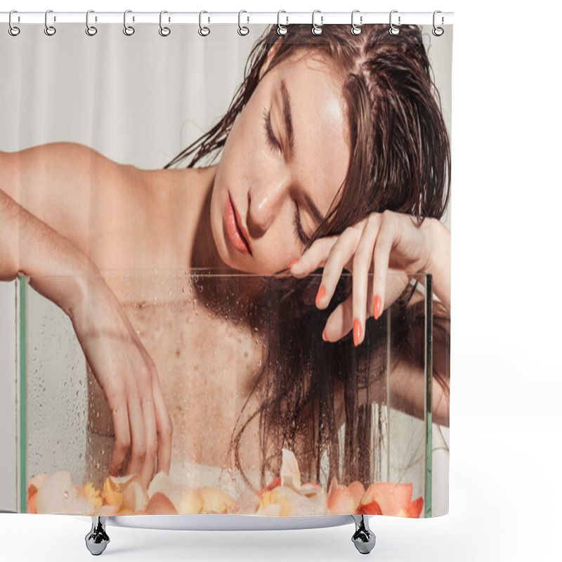 Personality  Beautiful Young Woman With Coral Lips And Eyes Closed Posing Near Aquarium With Rose Petals Isolated On Grey Shower Curtains