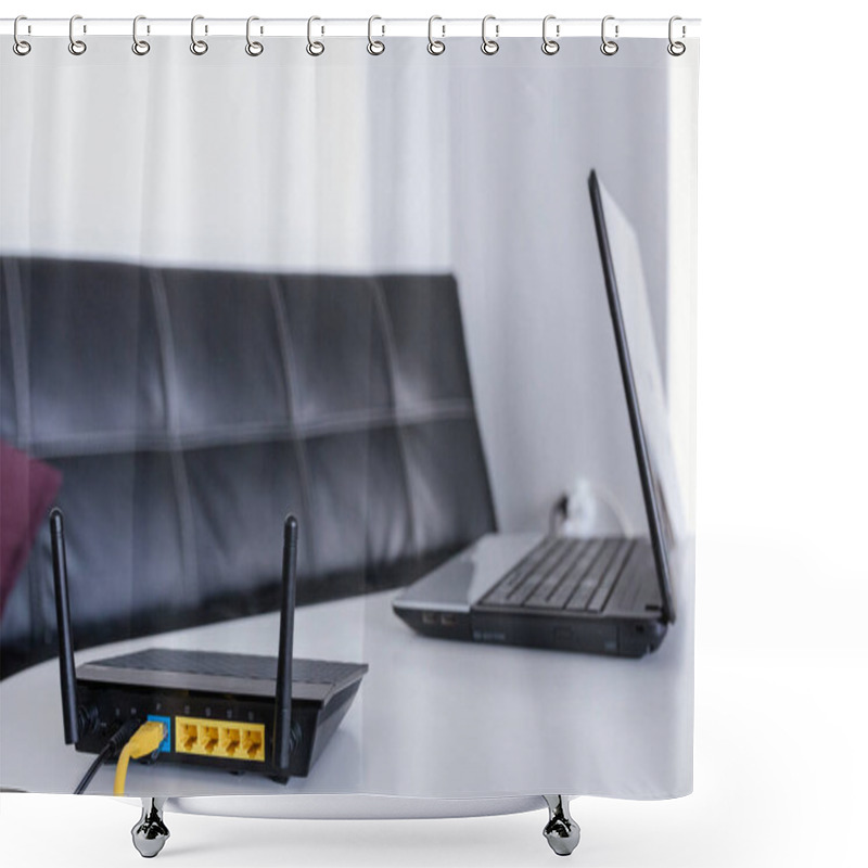 Personality  Modern Wi-fi Router On Light Table In Room Shower Curtains