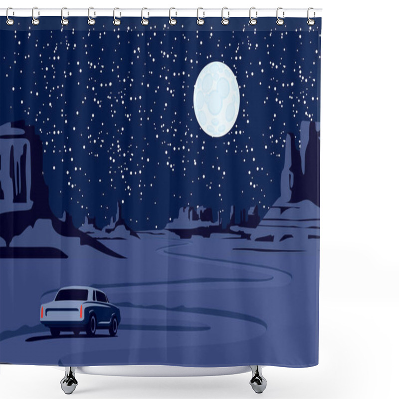 Personality  Night Landscape With A Deserted Valley, Mountains, A Winding Road With A Single Passing Car And A Full Moon In A Starry Sky. Decorative Vector Background On The Theme Of The Wild West Nature Shower Curtains