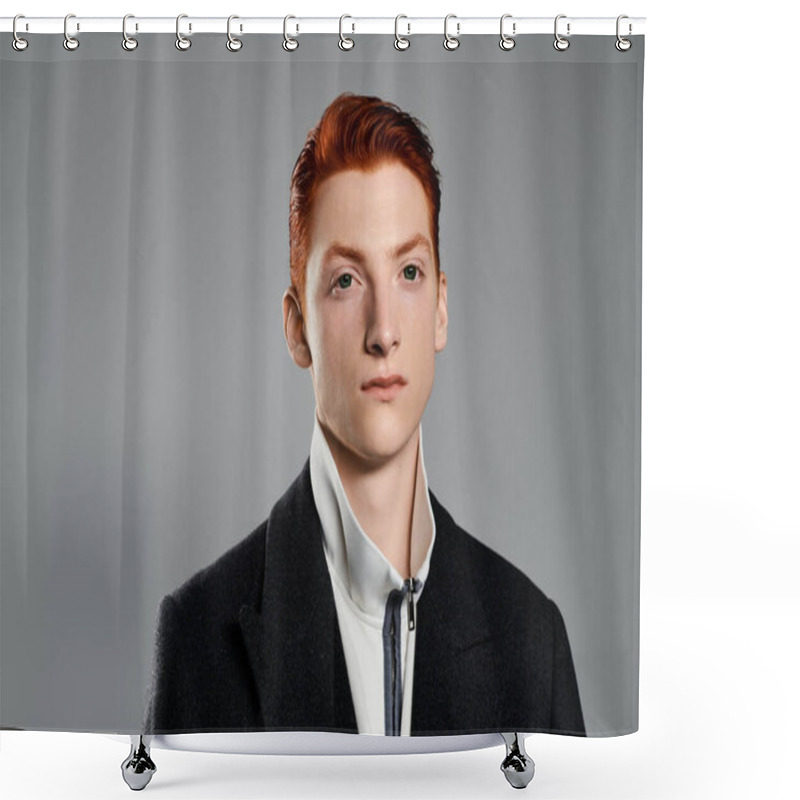 Personality  A Young Man With Striking Red Hair Models A Fashionable Winter Coat Against A Minimalist Grey Background. Shower Curtains