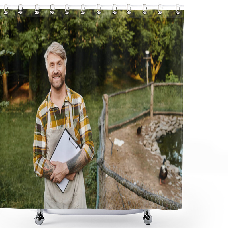 Personality  Handsome Jolly Farmer With Tattoos And Beard Holding Clipboard Near Aviary And Smiling At Camera Shower Curtains