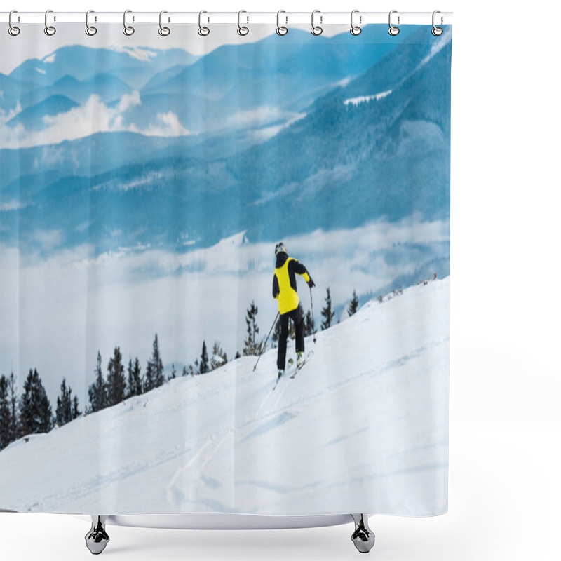 Personality  Sportsman In Helmet Skiing On Slope Near Mountains  Shower Curtains