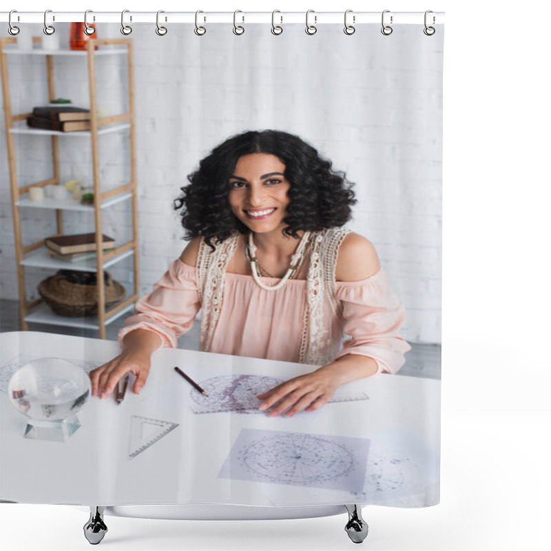 Personality  Brunette Astrologer Smiling At Camera Near Crystal Ball And Star Charts Shower Curtains