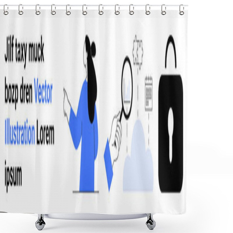 Personality  Businesswoman Pointing To Magnifying Glass, Cloud, Calendar, And Secure Lock Icon. Ideal For Data Analysis, Cybersecurity, Business Planning, Cloud Computing, Information Science, Research, Online Shower Curtains