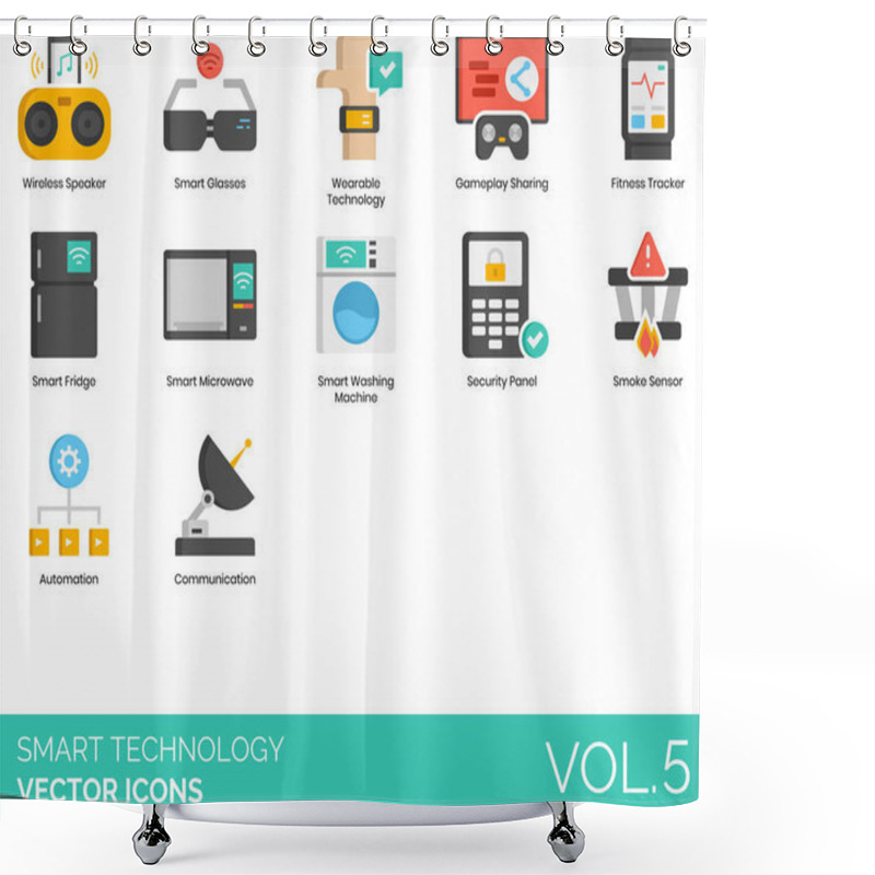 Personality  Smart Technology Icons Including Wireless Speaker, Glasses, Wearable, Gameplay Sharing, Fitness Tracker, Fridge, Microwave, Washing Machine, Security Panel, Smoke Sensor, Automation, Communication. Shower Curtains