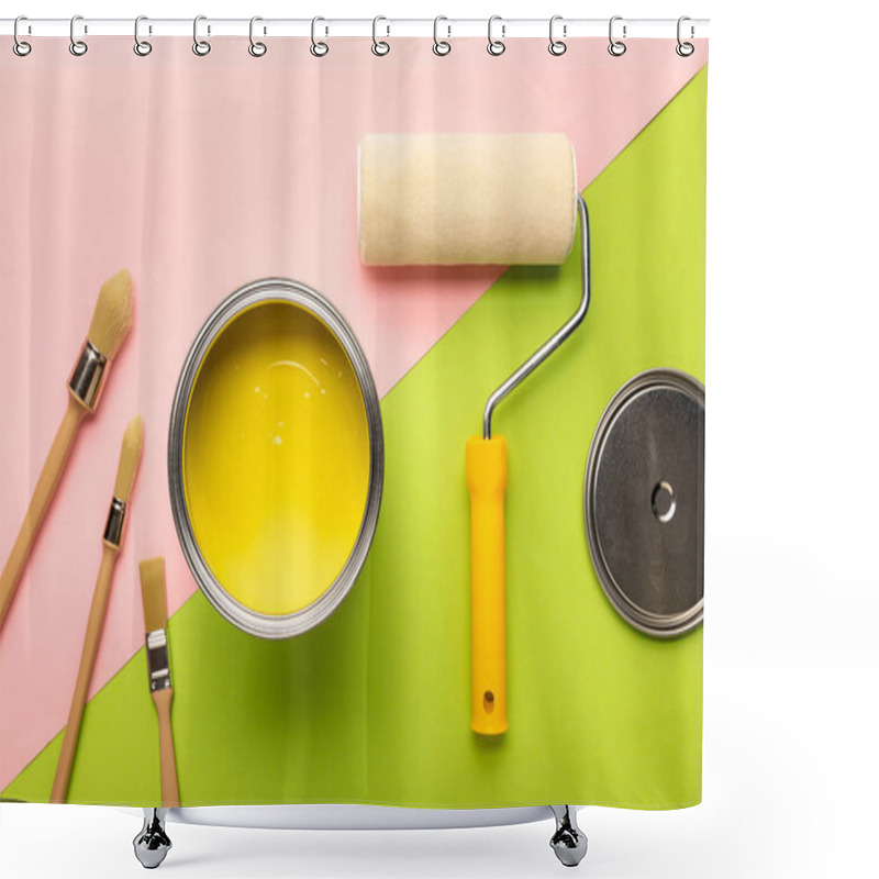 Personality  Top View Of Tin With Yellow Paint, Brushes And Paint Roller On Pink And Green Surface Shower Curtains