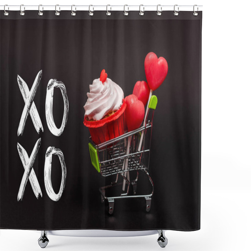 Personality  Toy Shopping Cart With Valentines, Cupcake And Lollipops Near Xoxo Lettering On Black Shower Curtains