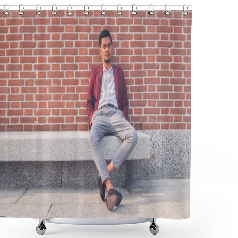 Personality  Handsome Asian Model Sitting In The City Streets Shower Curtains