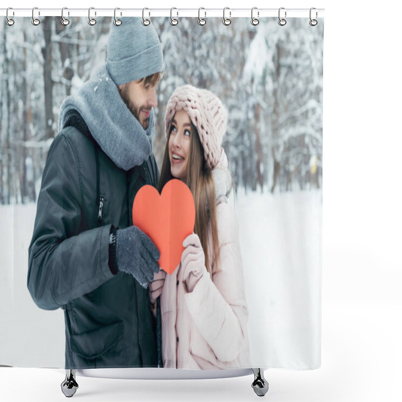 Personality  Portrait Of Young Couple Holding Red Heart In Hands Together In Winter Park Shower Curtains