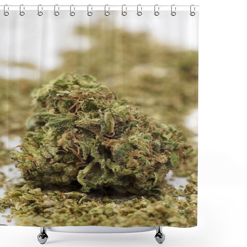 Personality  Macro Shot Of Marijuana Bud, White Background. Shower Curtains