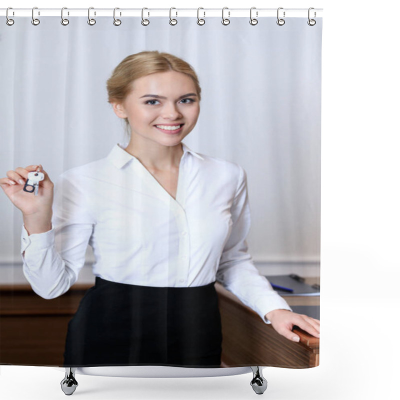 Personality  Smiling Attractive Receptionist Holding Key At Reception Desk Shower Curtains