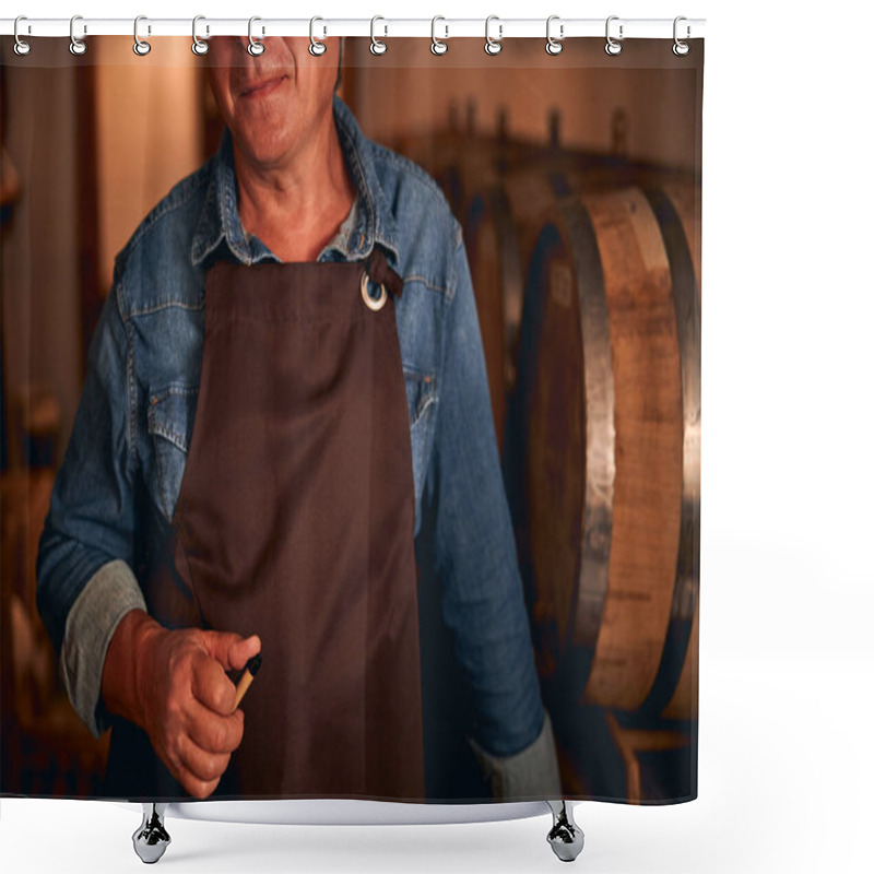 Personality  Unrecognized Male Sommelier In Apron And Denim Shirt Shower Curtains