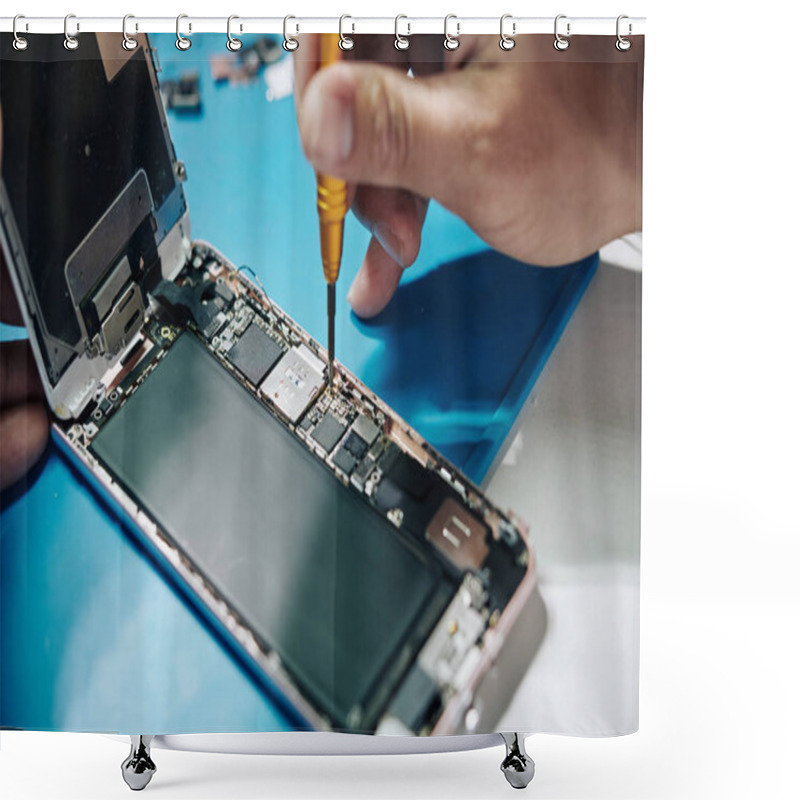 Personality  Repairman Man Securing A Screw After Checking SIM Card Tray Of Smartphone With Removed Screen Shower Curtains