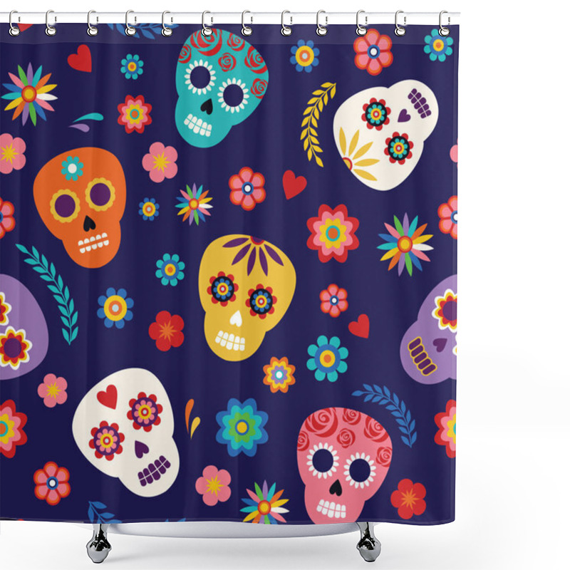 Personality  Day Of The Dead Skulls On A Purple Background Shower Curtains