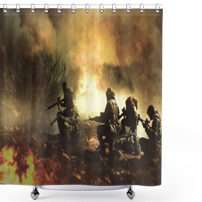 Personality  Military, Men And War With Field Fire And Danger, Gun For Target And Forest Battlefield For Army Service And Mission Or Apocalypse. Soldier, Group And Team In Bush Flames, Smoke Or Warzone And Crime. Shower Curtains