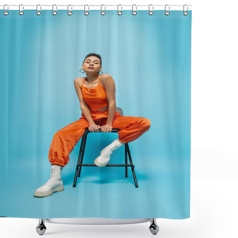 Personality  Stylish African American Model Sitting On Tall Chair In Vivid Street Wear Posing On Blue Backdrop Shower Curtains