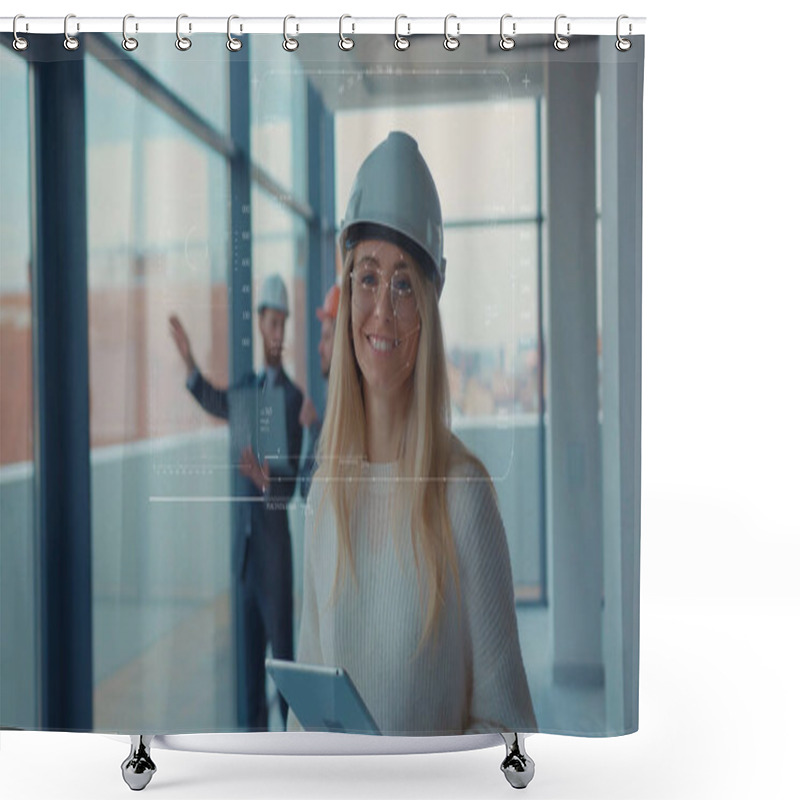 Personality  Future. Face ID. Portrait Of Cheerful Beautiful Blonde Woman Engineer Architect Wearing Protective Helmet Using Tablet Being Scanned By Technological 3D Biometric Facial Recognition. Shower Curtains