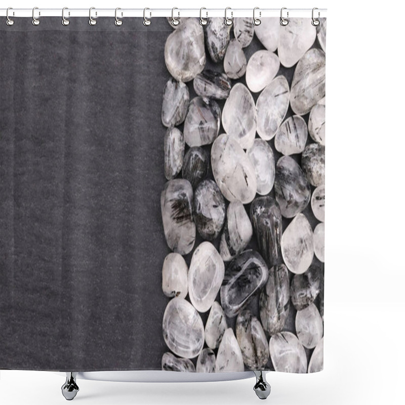 Personality  Tourmalinated Quartz Heap Jewel Stones Texture On Half Black Stone Background. Place For Text. Shower Curtains