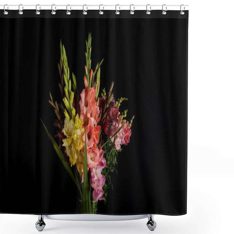 Personality  Bouquet Of Beautiful Pink, Red, Yellow And Purple Gladioli Flowers Isolated On Black Background Shower Curtains