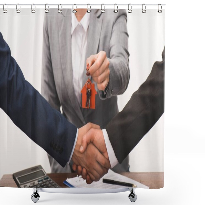 Personality  Cropped Image Of Costumer And Estate Agent Shaking Hands, Realty Buying Concept Isolated On White Shower Curtains