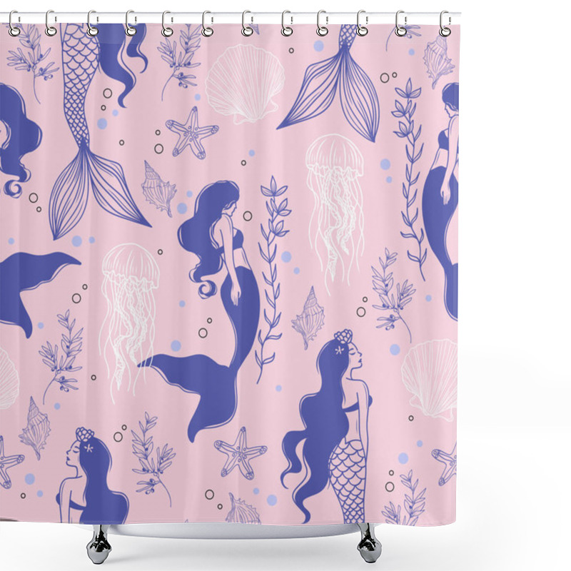 Personality  Pastel Pink Modern Tattoo Style Seamless Pattern With Mermaids, Shells, And Jellyfish. Vector Background Shower Curtains