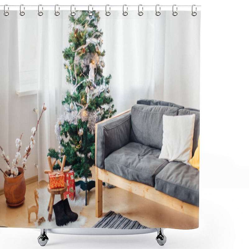 Personality  Stylish Christmas Interior With An Sofa. Christmas Tree With Presents Shower Curtains