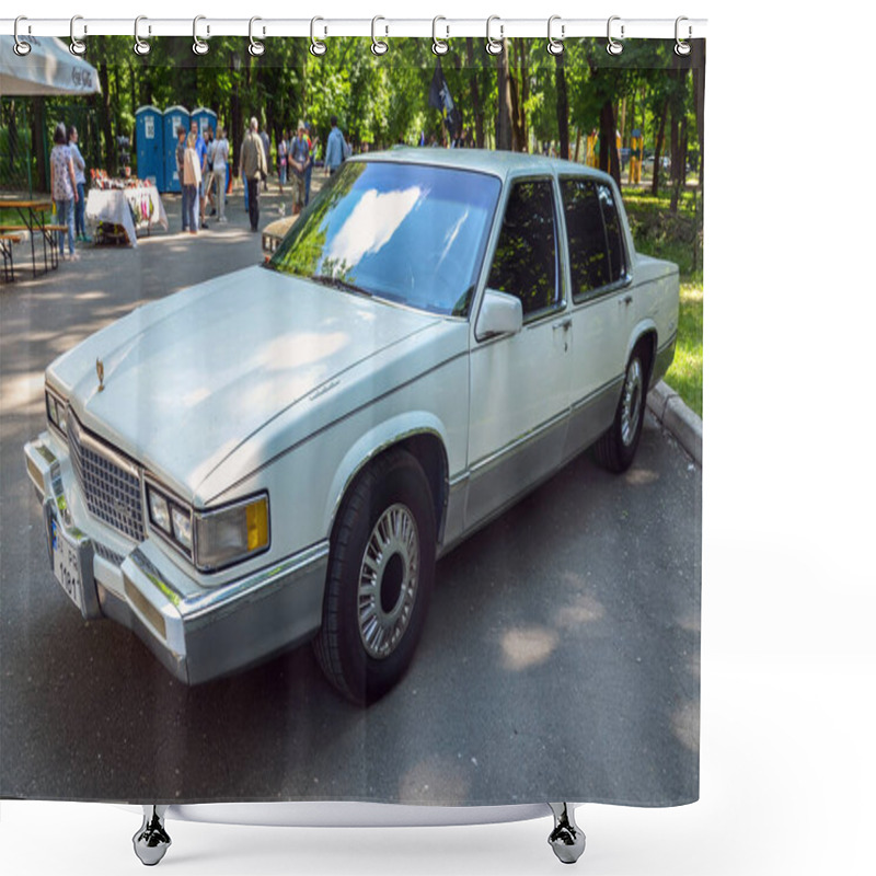 Personality  White Classic Sedan 1990 Cadillac De Ville Features An, Elegant Design And Is Powered By A Smooth, V8 Engine A Distinguished Example Of American Luxury And Sophistication Shower Curtains