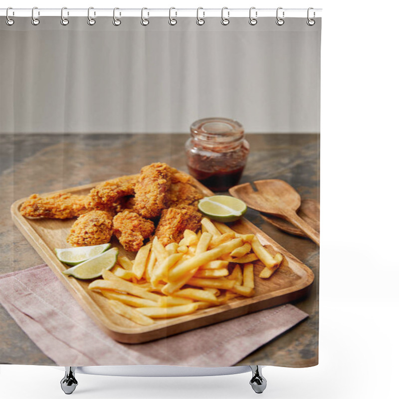 Personality  Wooden Board With Delicious Chicken Nuggets, French Fries And Lime On Stone Surface Isolated On Grey Shower Curtains