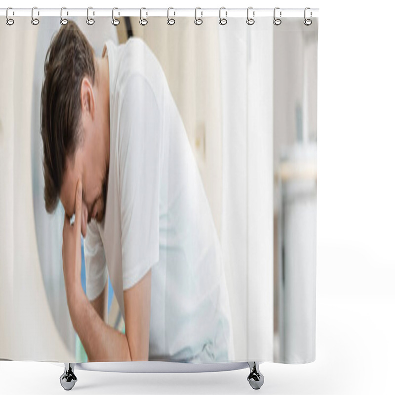 Personality  Frustrated Man Covering Face While Sitting With Bowed Head Near Computed Tomography Scanner, Banner Shower Curtains