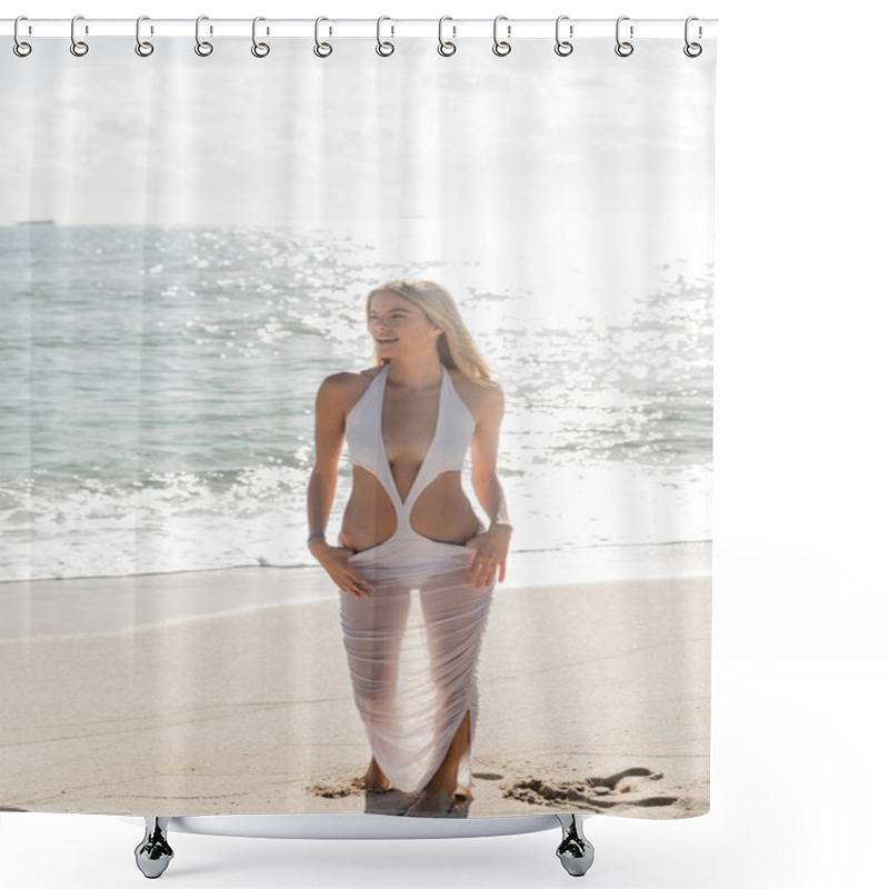 Personality  A Young, Blonde Woman Elegantly Stands On Top Of A Sandy Beach In Miami, Gazing At The Horizon. Shower Curtains