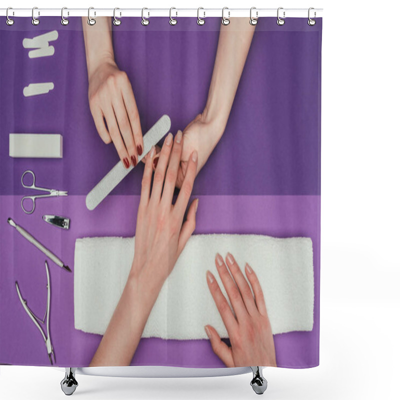 Personality  Cropped Image Of Nail Technician Filing Nails To Customer With Nail File Shower Curtains