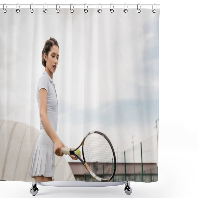 Personality  Sportswoman Holding Tennis Racket On Court, Active Wear, Athletic And Sporty, Motivation, Health Shower Curtains