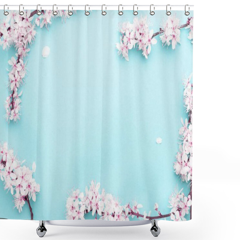 Personality  Sakura Blossom Flowers And May Floral Nature On Blue Background. For Banner, Branches Of Blossoming Cherry Against Background. Dreamy Romantic Image, Landscape Panorama, Copy Space. Shower Curtains