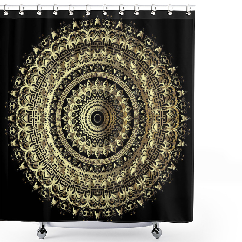 Personality  Ornate Gold Baroque 3d Vector Mandala Pattern. Ornamental Modern Greek Background. Round Vintage Floral 3d Ornament With Greek Key Meander Design. Surface Metallic Golden Texture. Abstract Gold Flower Shower Curtains