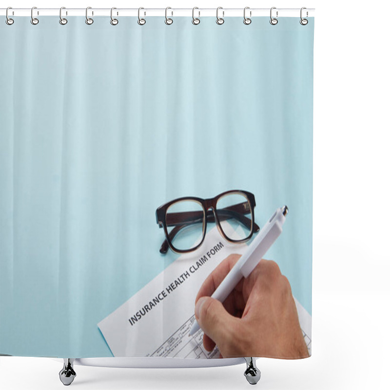 Personality  Cropped Shot Of Person Signing Insurance Health Claim Form On Blue Shower Curtains